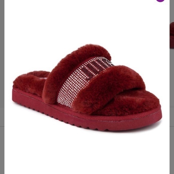 NIB-Juicy Couture Ruby Red Rhinestone Fuzzy Slides - Picture 1 of 10